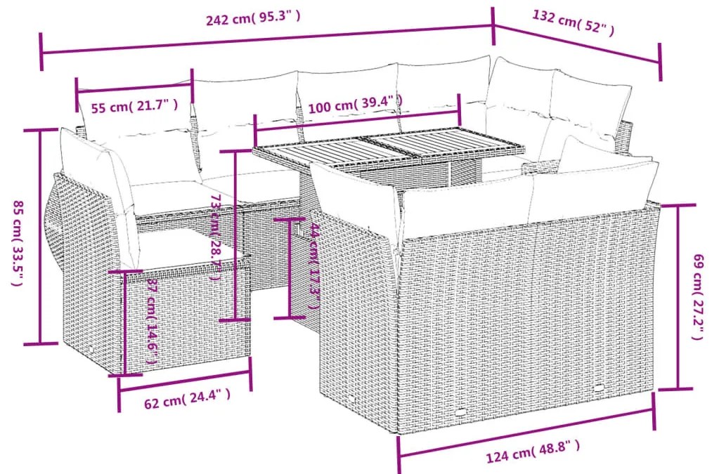 9 részes fekete polyrattan kerti ülőgarnitúra párnákkal