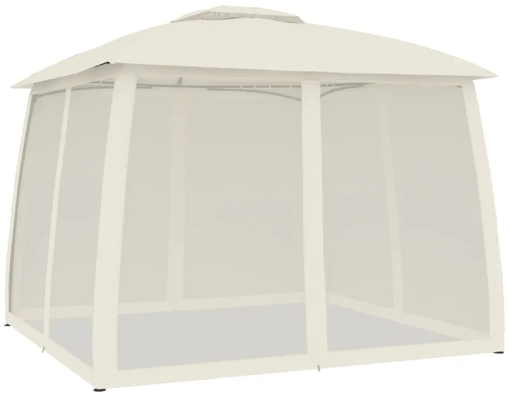 krémszínű acél dupla tetős pavilon hálós falakkal 2,93 x 2,93 m