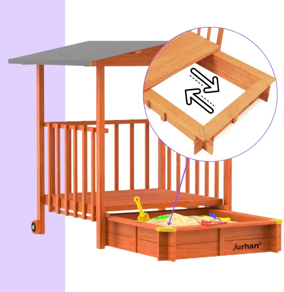 SUNNY verandás homokozó, 130x130x143cm, barna/szürke Jurhan