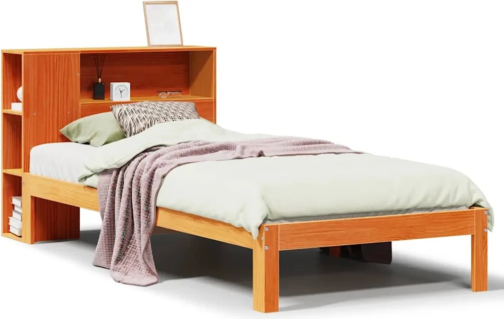 vidaXL barna tömör fenyőfa könyvespolcos ágy matrac nélkül 75 x 190 cm