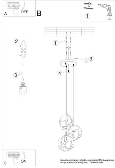 Sollux SL.1088 - Csillár zsinóron TULOS 3xE27/60W/230V fekete