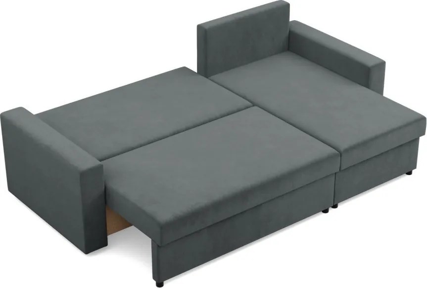 Zeus sarokkanapé, 1 ágyneműtartóval, egyenes kartámasz, bársony, univerzális oldal, bonell töltet, szürke