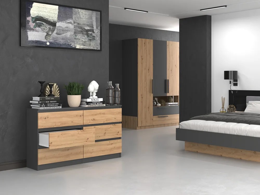 Riano MIX M6 140 2x3 fiókos szekrény, 138x75x40 cm, antracit-tölgy