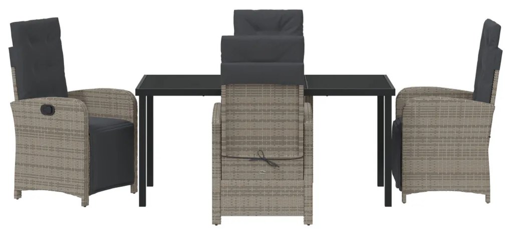 5 darabos kerti étkező szett párnákkal, szürke poli-rattan, Kerti asztal fekete 160x80x73 cm edzett üvegből