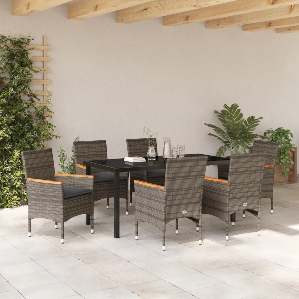 7 Darabos Kerti Étkezőszett Párnás Szürke Poly Rattan