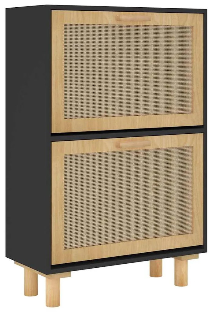 fekete szerelt fa és természetes rattan cipőszekrény 52x25x80cm