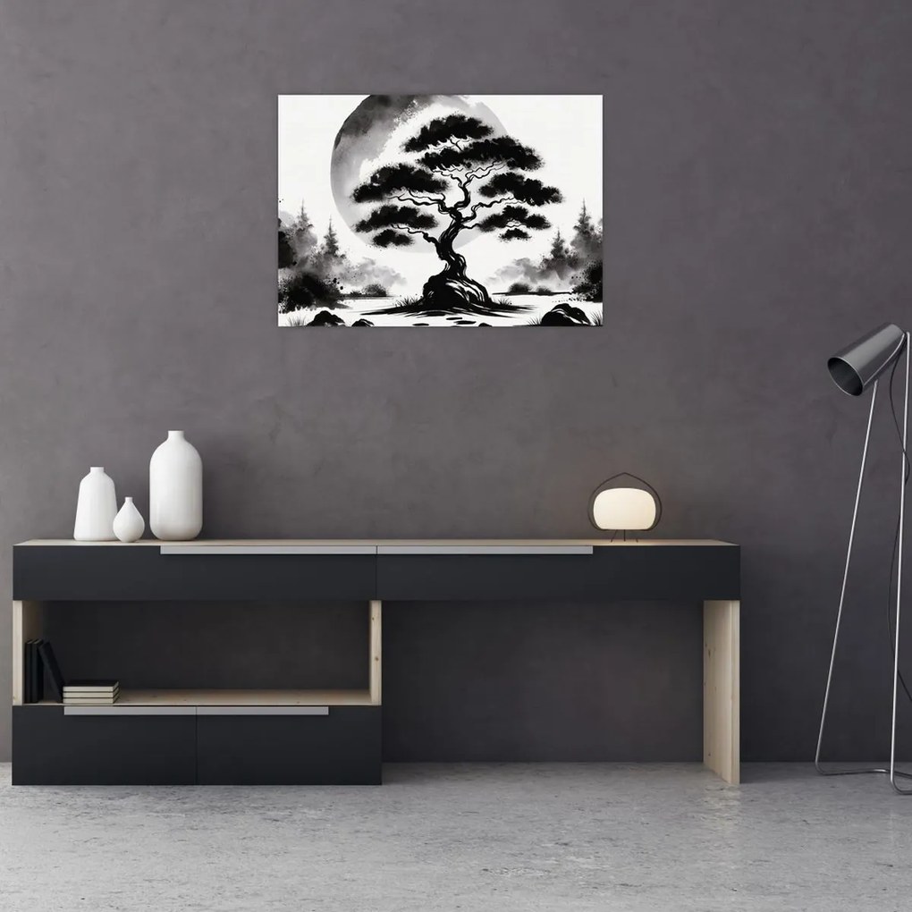Üveg kép – Fekete-fehér bonsai (70x50 cm)