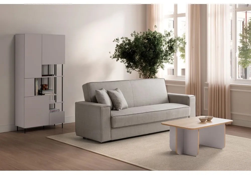 Krémszínű-natúr színű dohányzóasztal tölgyfa dekoros asztallappal 56x100 cm Hillary – Marckeric