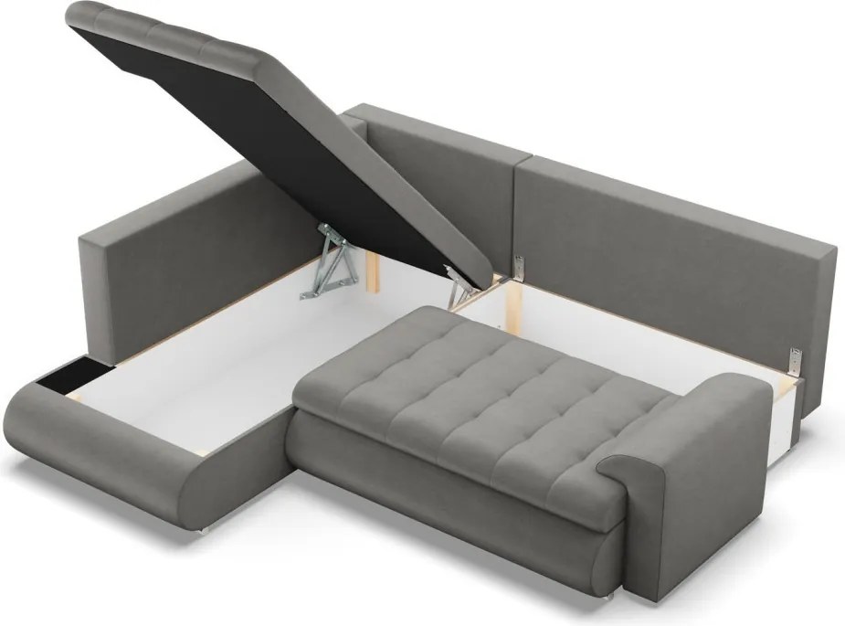 Tokio sarokkanapé, L alakú háttámlával, 2 ágyneműtartóval, bársony, baloldali, világosszürke