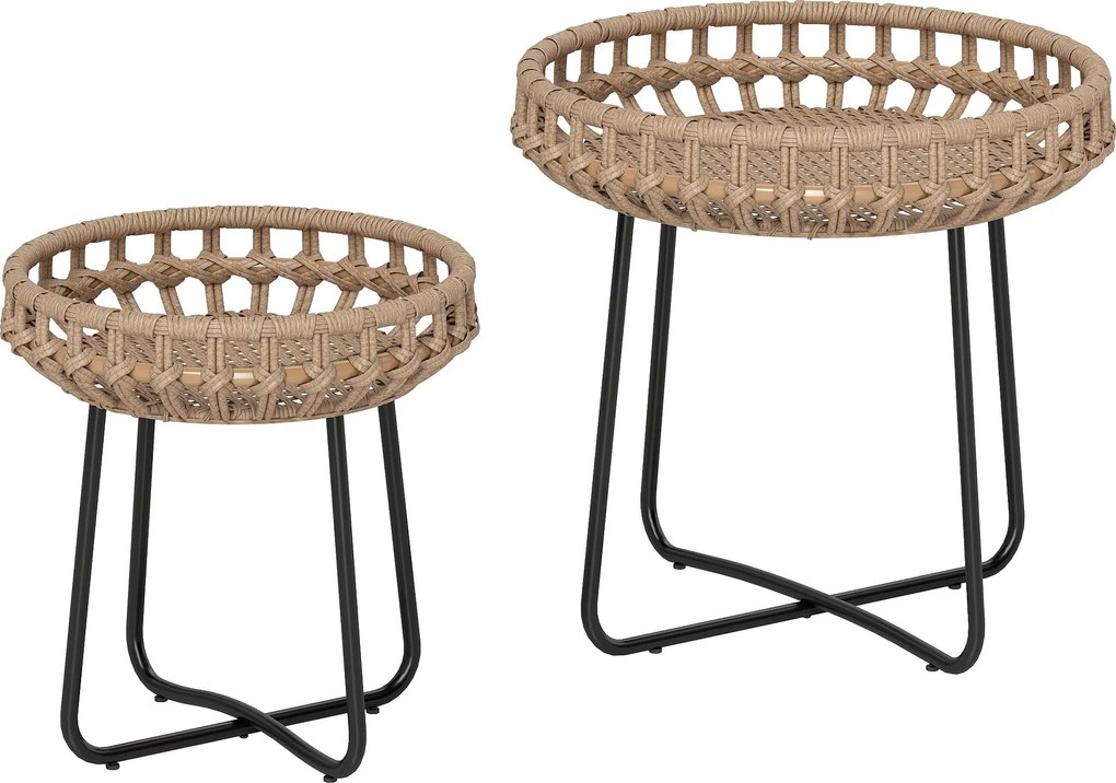 Outsunny 2 darabos Rattan Oldaltáblak Szett Polyrattan Ø60/41 cm kör alakú időjárásálló Kerti Asztal X-lábakkal Állítható Lábtartók Kültéri Erkély Asz