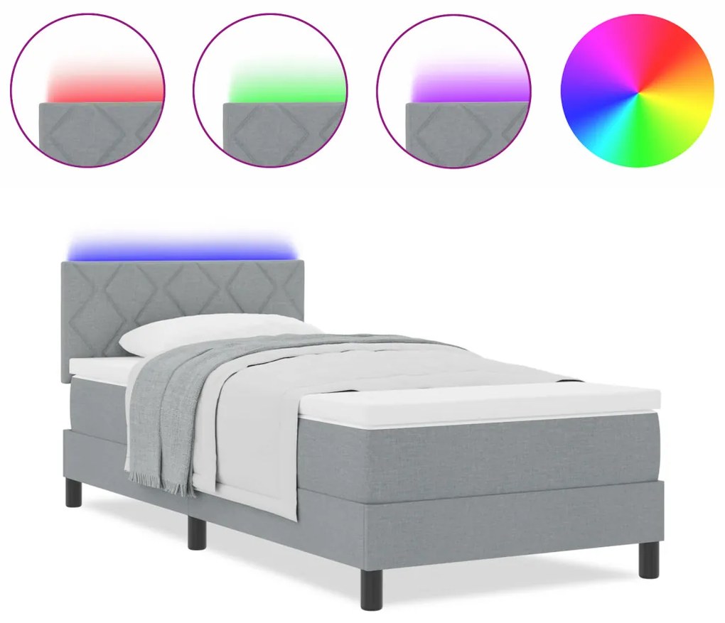 Box Spring ágy matraccal &amp; LED világítással világosszürke 90x200 cm szövet