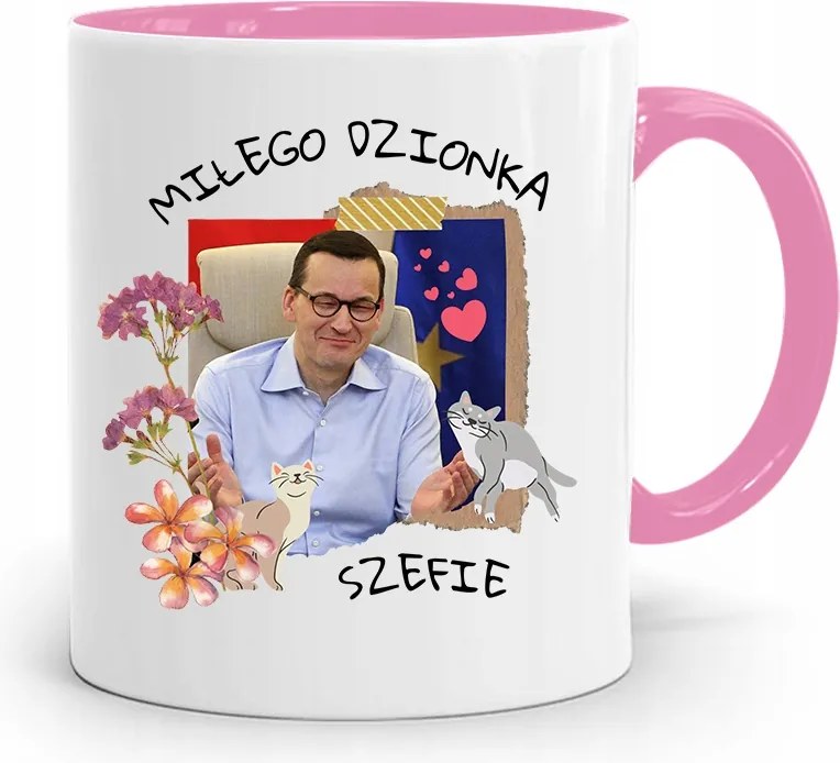 Rózsaszín Politikai Bögre Mateusz Morawiecki Miniszterelnök fényképes nyomtatással