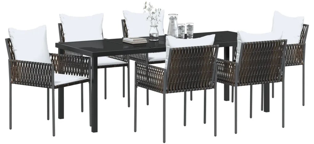 7 részes Kerti Étkező Szett párnákkal barna poly rattan