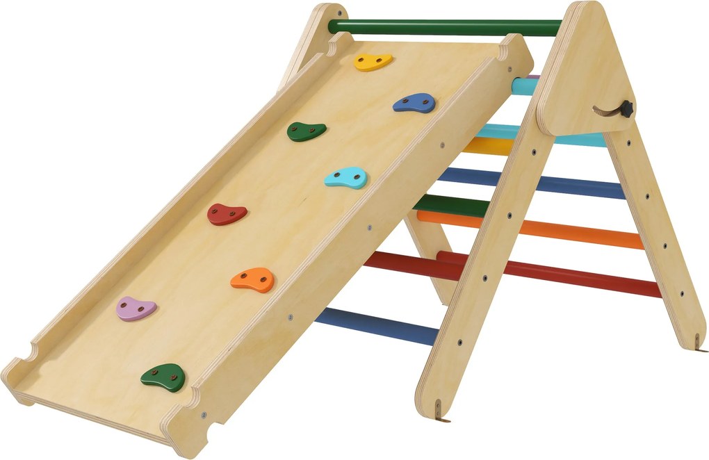 AIYAPLAY Összecsukható Fa Mászó Háromszög - 3 az 1-ben Játékjátszótér 18-48 hónapos gyermekeknek Csúszdával vagy Mászó Rampával - 147x64.5 cm Többszín