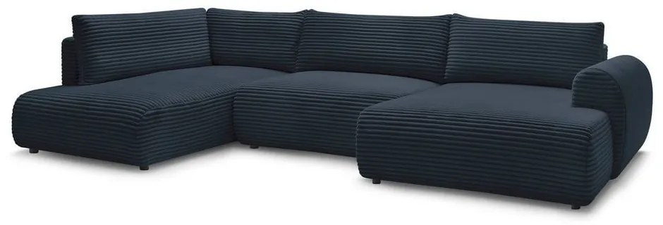 Sötétkék kordbársony kinyitható-tárolóhelyes sarokkanapé (bal oldali-U alakú) Lucien – Bobochic Paris