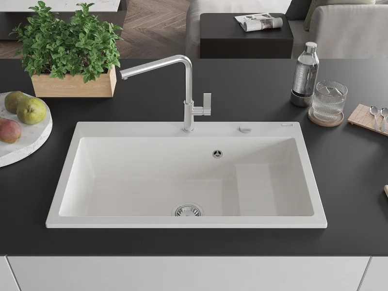 Mexen Omar gránit mosogató 1-medencés 800 x 480 mm, fehér, króm szifon - 6520801005-20