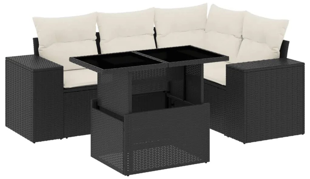 5 részes fekete polyrattan kerti kanapészett párnákkal