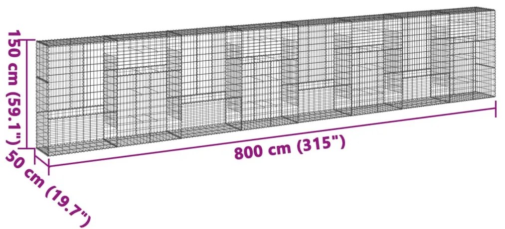 horganyzott vas gabion kosár fedéllel 800 x 50 x 150 cm