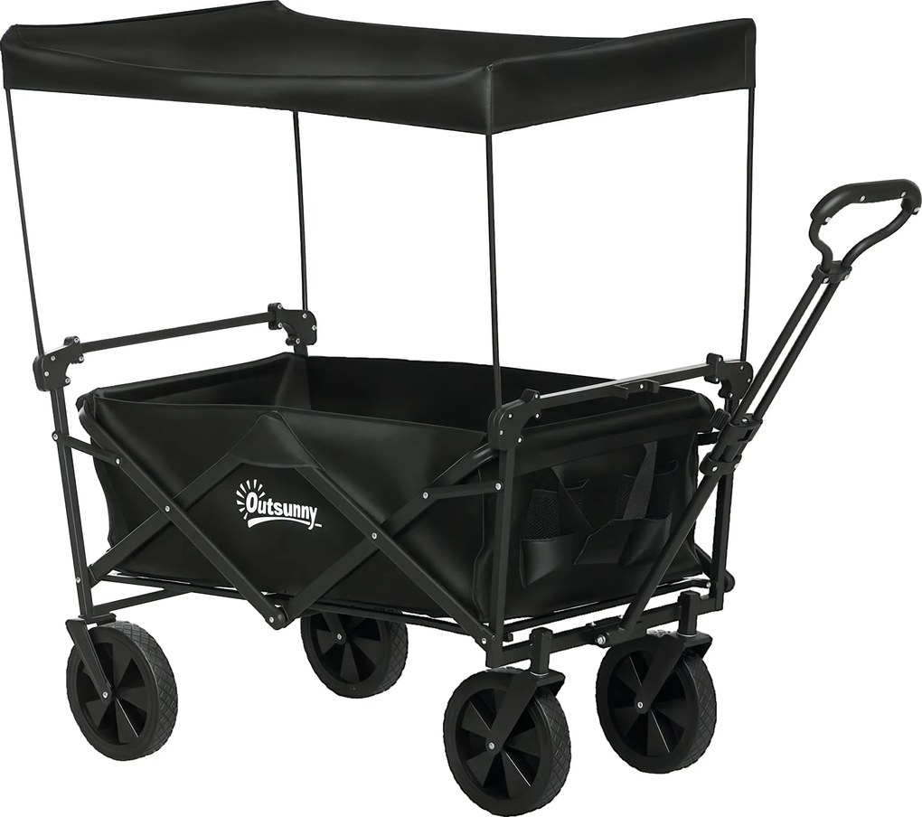 Outsunny Összecsukható Kocsi Napernyővel, Fogantyúval, Hordtáskával, 100 kg Teherbírásig, Oxford, Fekete | Aosom