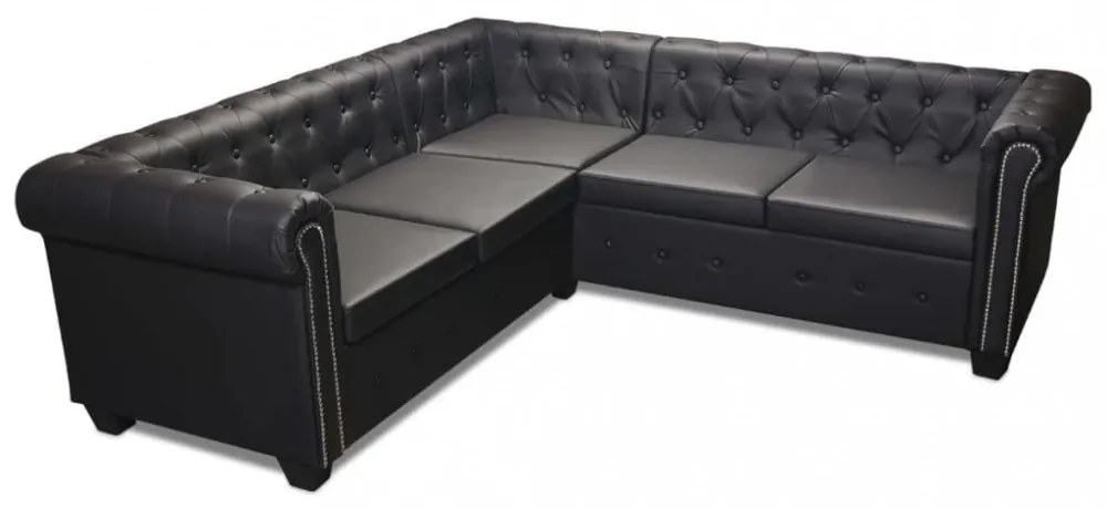 5 személyes fekete műbőr Chesterfield sarokkanapé