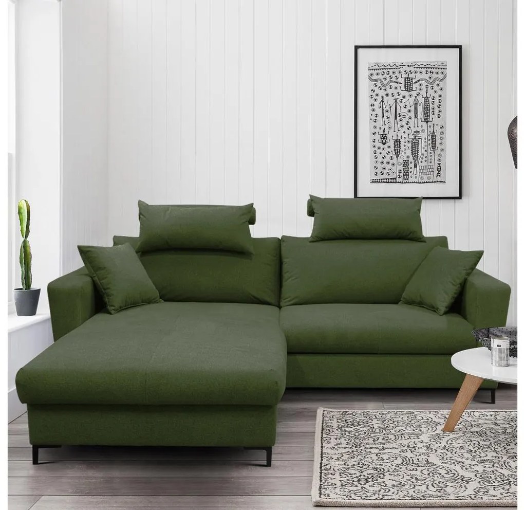 Ággyá nyitható L-alakú sarokülőgarnitúra tárolóval HORTA, balos, zöld