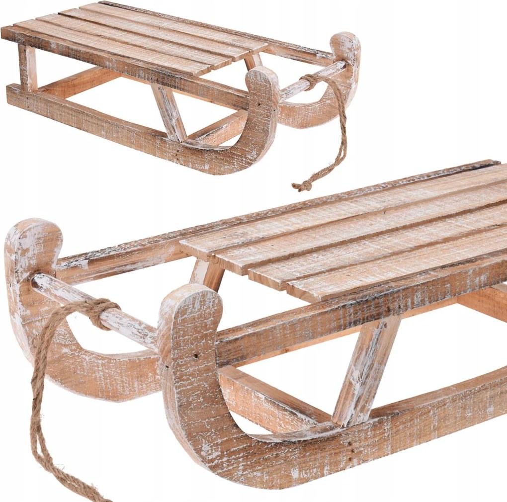 Fehérre meszelt fa dekorációs szán 50 cm Nagy Méretű Fából Készült Dísz Karácsonyra