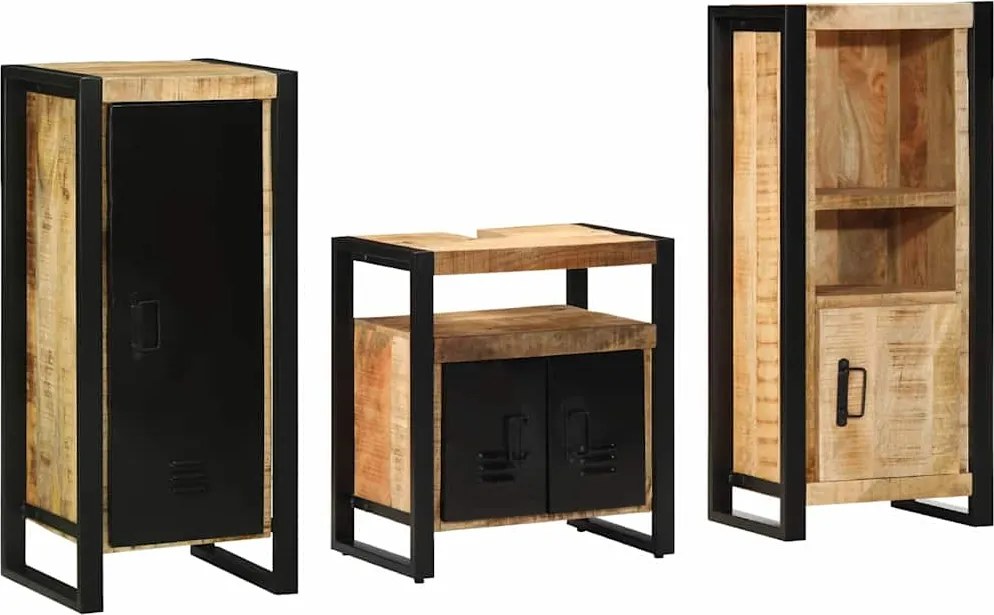vidaXL Fürdőszoba bútor szett 3 pcs Barna és fekete Tömör Mangófát