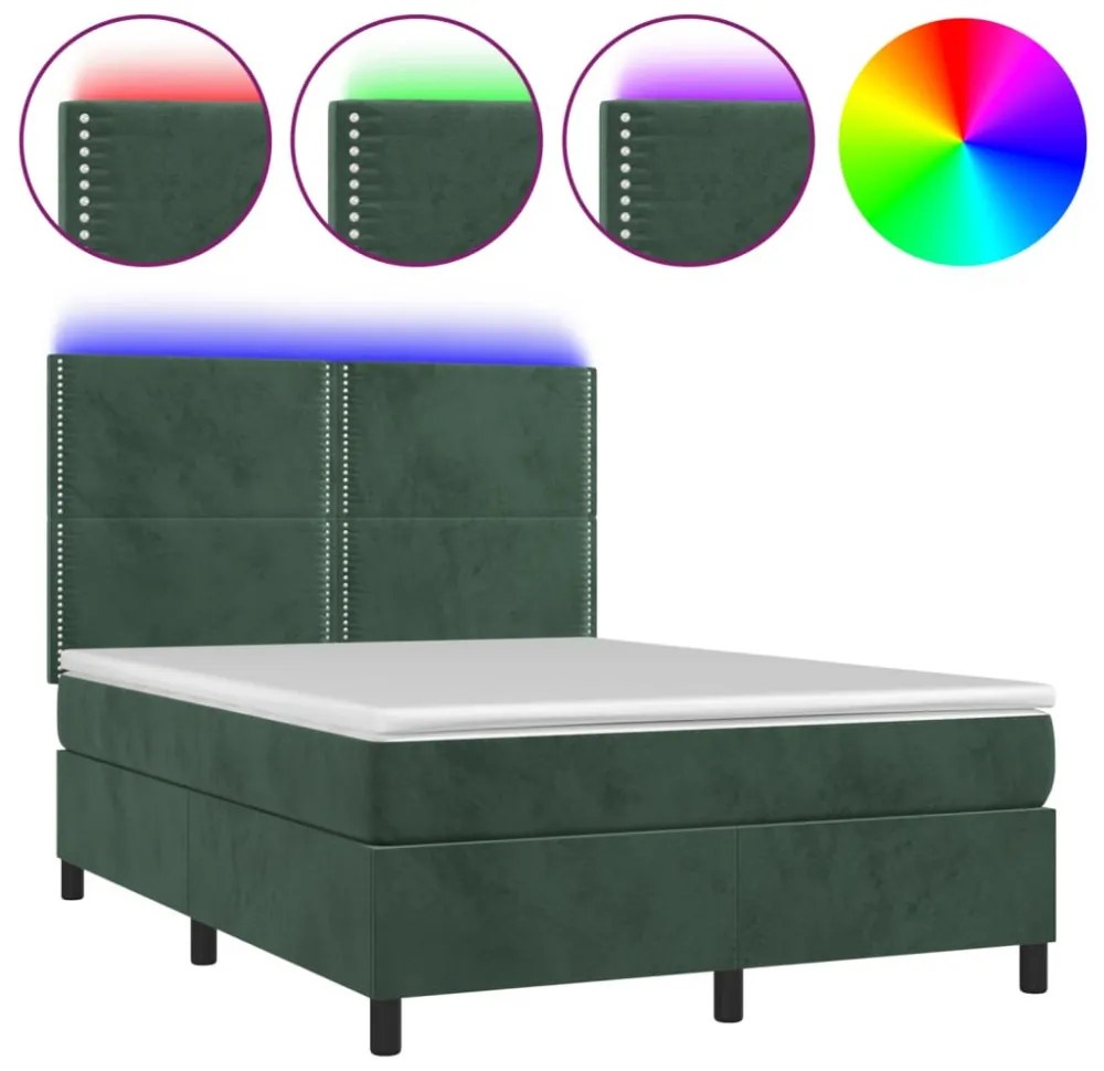 sötétzöld bársony rugós és LED-es ágy matraccal 140x190 cm