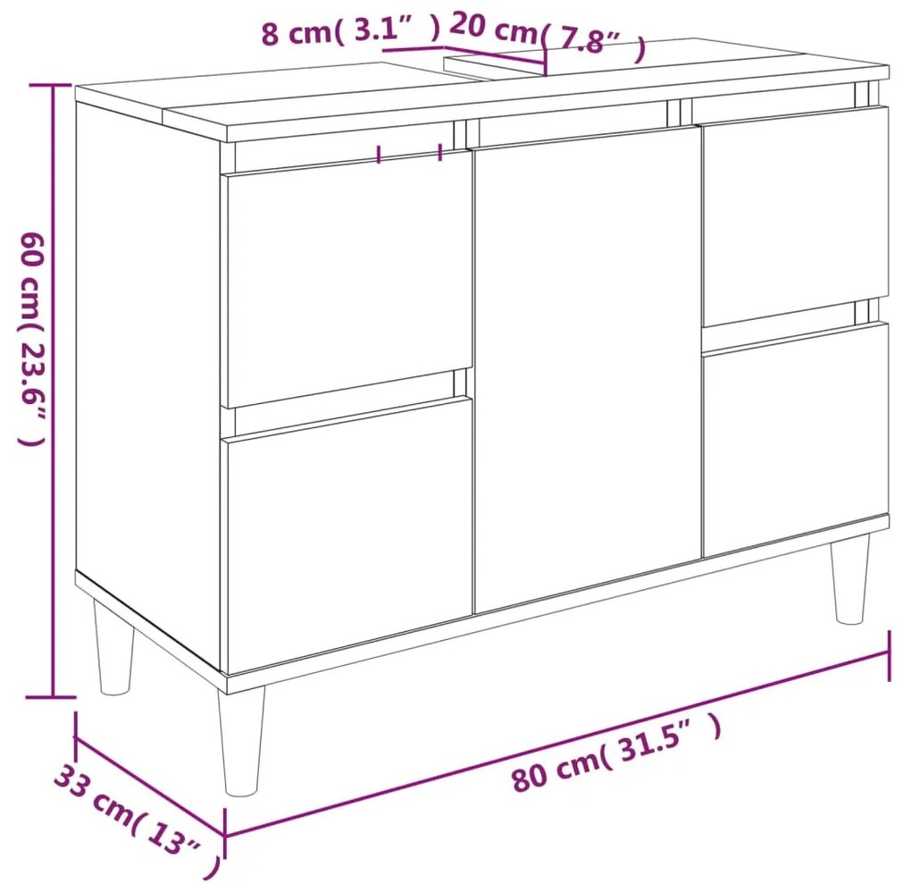 barna tölgyszínű szerelt fa mosdószekrény 80 x 33 x 60 cm