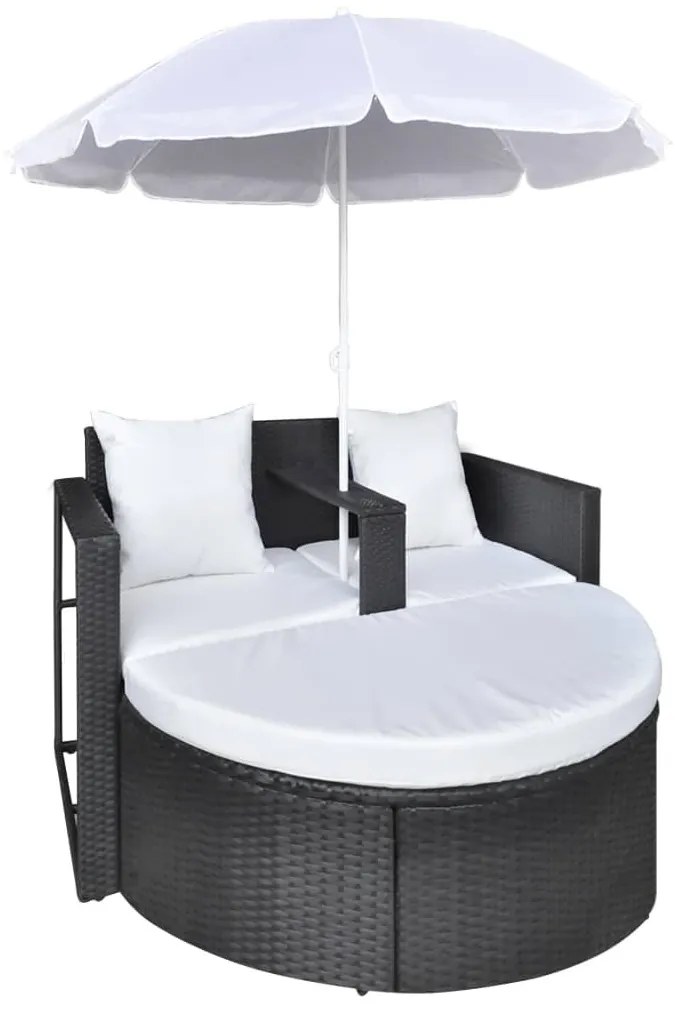 Fekete polyrattan kerti ágy napernyővel