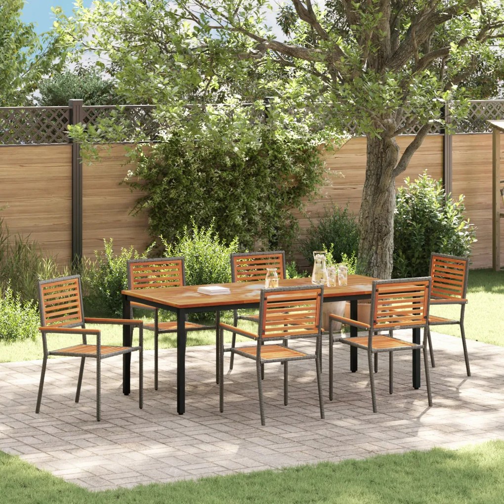 7 darabos Kerti Étkezőszett Szürke Poli Rattan Akác, Egymásra rakható Kerti Székek párnákkal 2 db Szürke Poli Rattan, Kerti Asztal 200x90x75 cm Szilárd Akác Fa és Fém