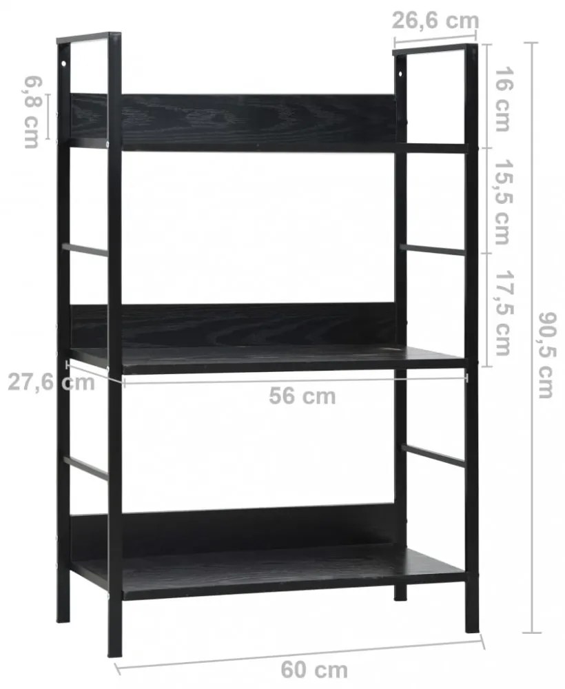 3 szintes fekete szerelt fa könyvespolc 60 x 27,6 x 90,5 cm