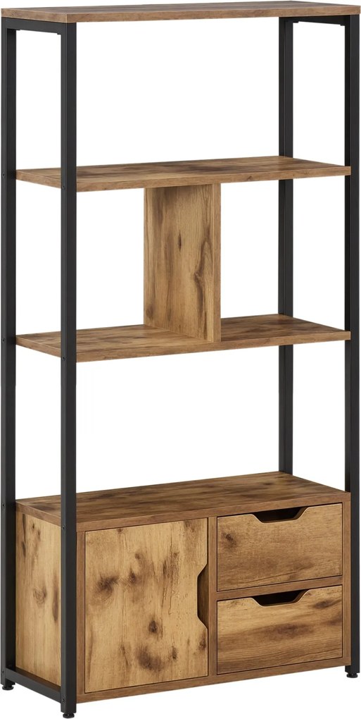 HOMCOM Rusztikus Barna Könyvespolc Szekrény és 2 Tároló Fiókkal Ipari Stílusú Könyvespolc 58x24x122 cm | Aosom
