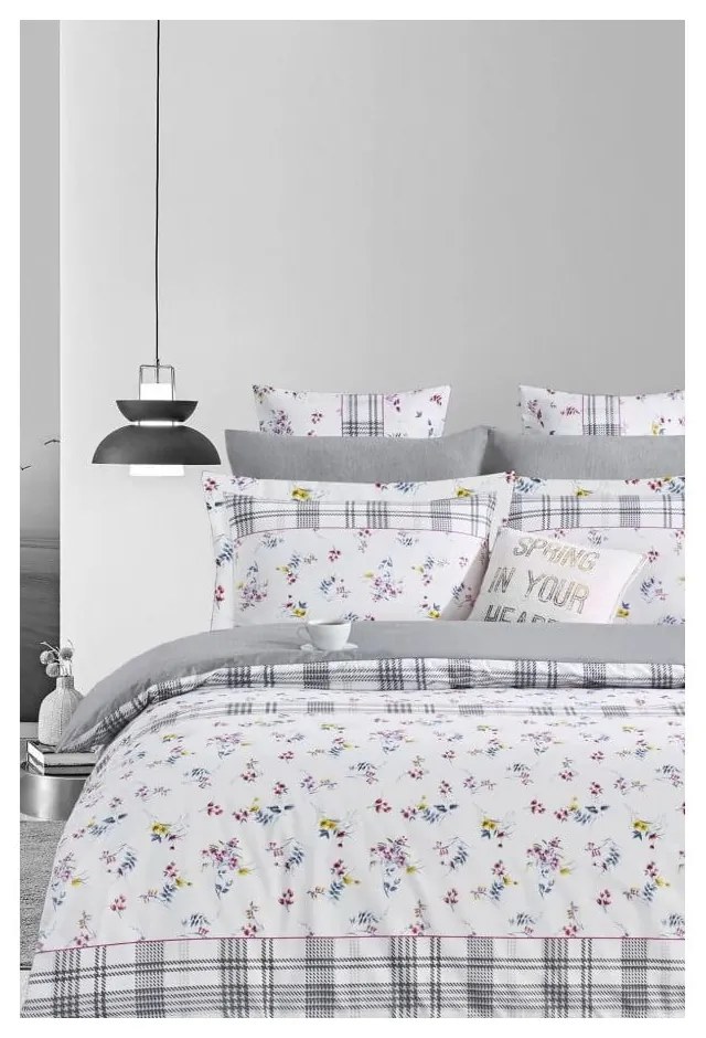 Fehér-szürke kétszemélyes hosszabbított négyrészes renforcé pamut ágyneműhuzat lepedővel 200x220 cm – Mila Home