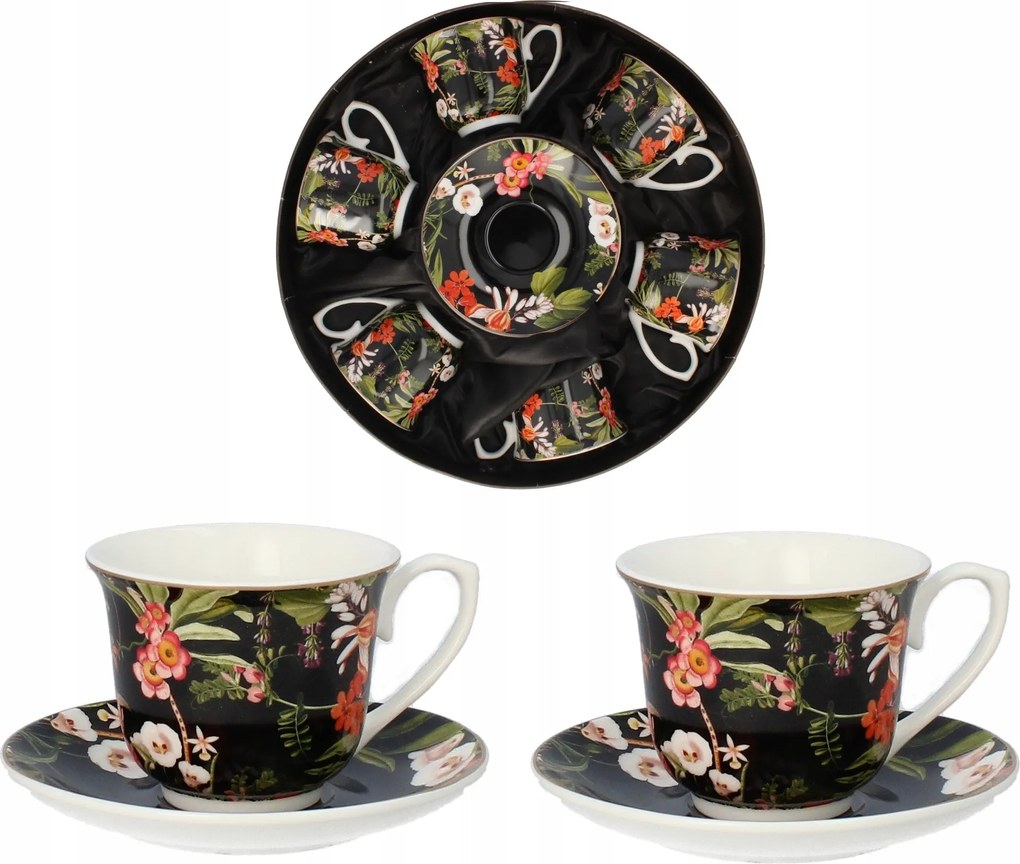 6 darabos, 250 ml-es porcelán csésze készlet Livello, 14 cm-es virágmintás csészealjjal