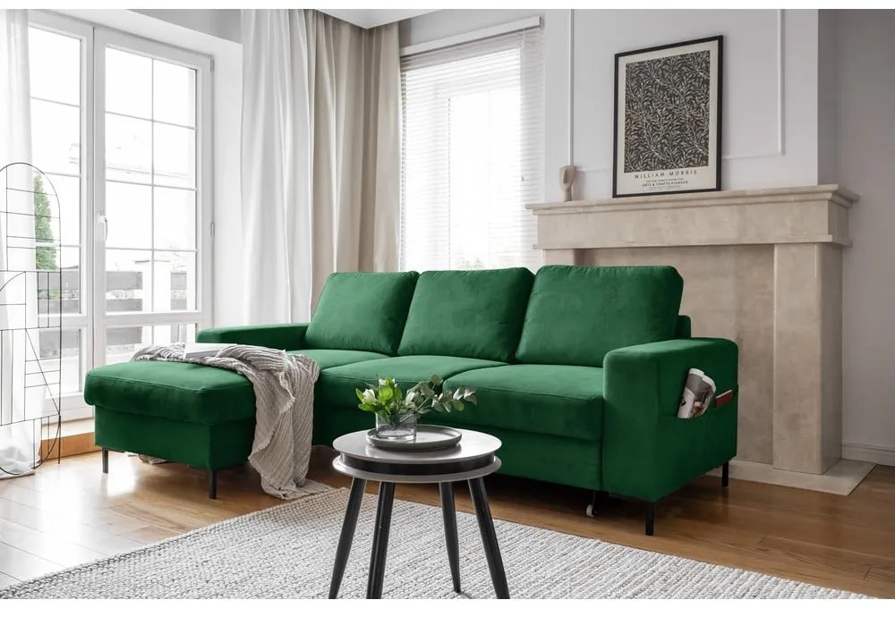 Sötétzöld kordbársony kinyitható sarokkanapé (bal oldali) Lofty Lilly – Miuform