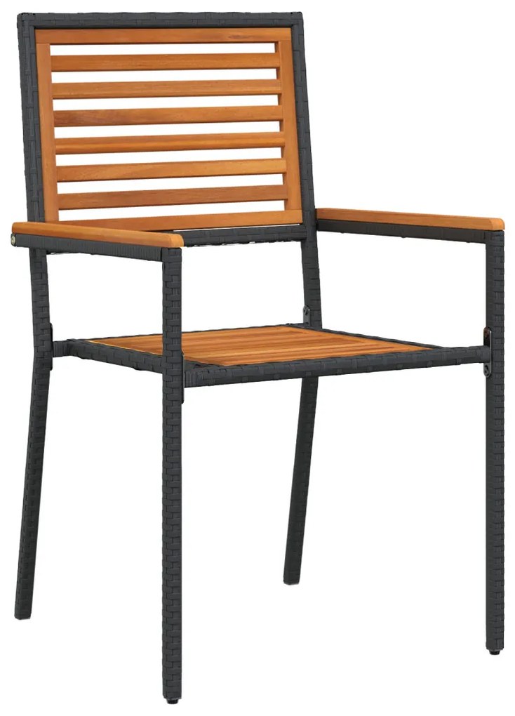 3 darabos Kerti Étkező Szett Fekete Poly Rattan Akácia, Egymásra Rakható Kerti Székek Párnákkal 2 db Fekete Poly Rattan