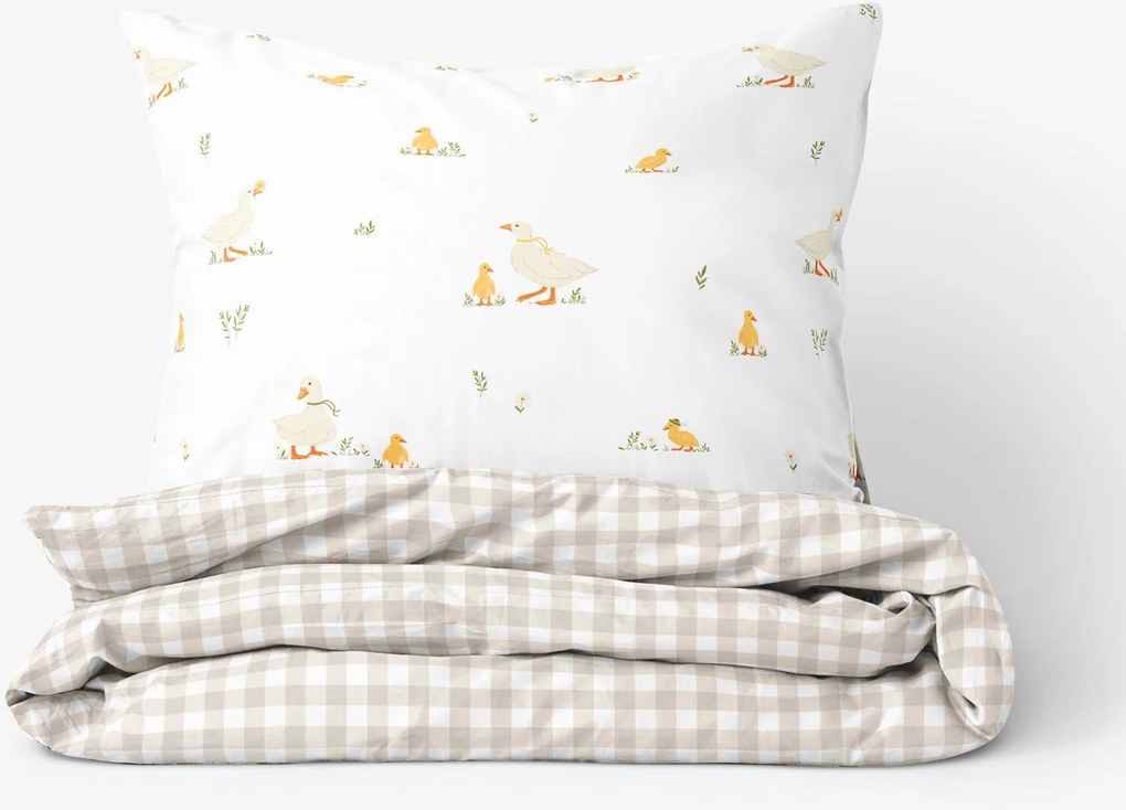 Goldea húsvéti pamut ágyneműhuzat - kacsák és kockás latte 200 x 200 és 2db 70 x 90 cm