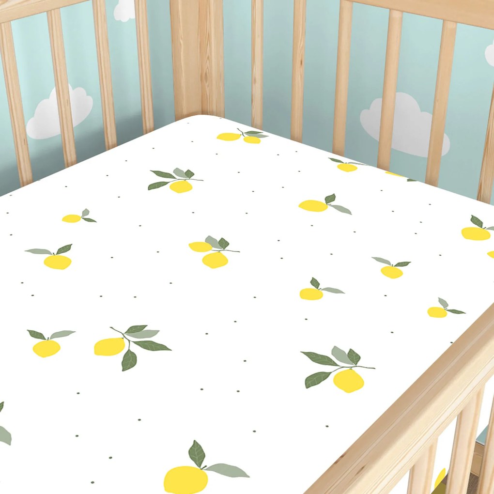 Goldea gyermek gumis pamut lepedő kiságyba - citromok 70 x 140 cm