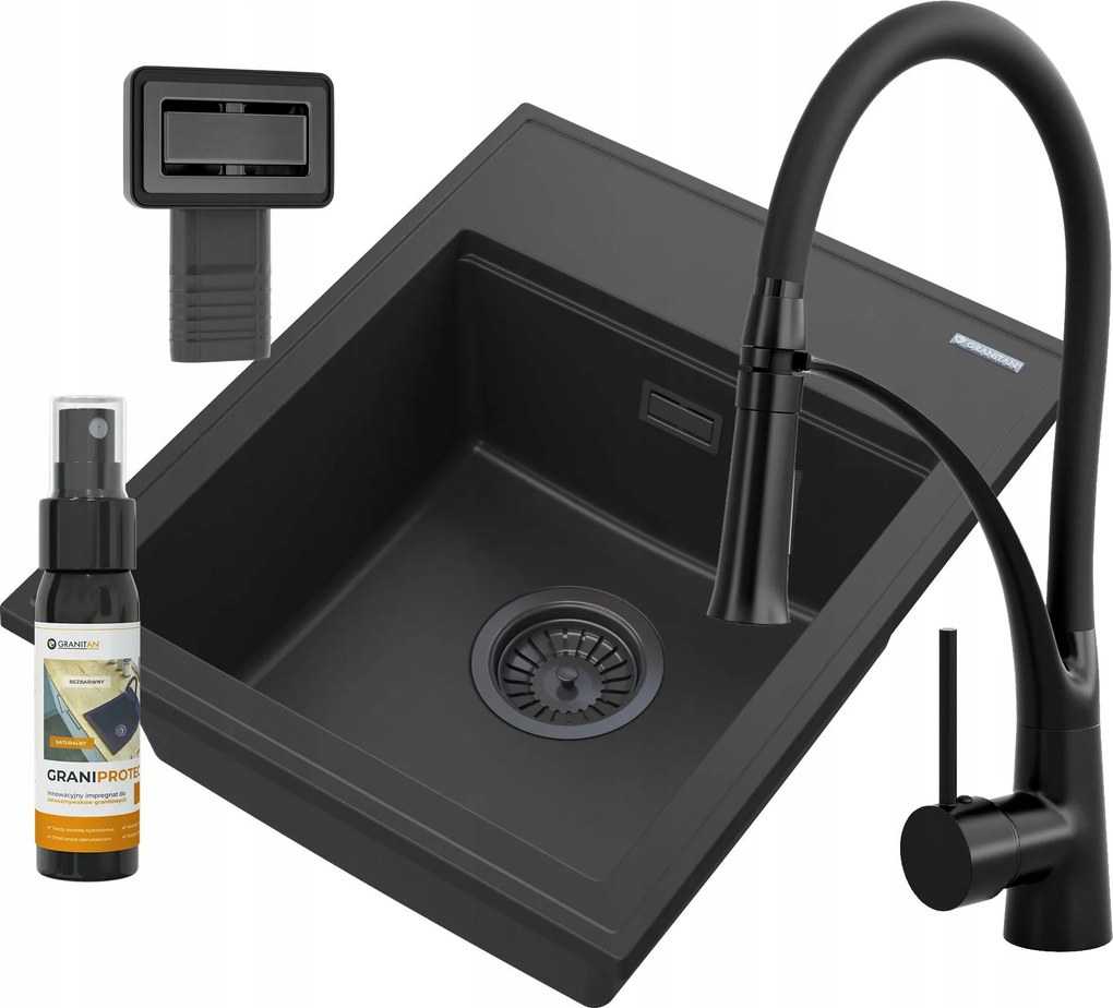 Mosogató Gránit Fekete Csaptelep Szifon Alor Szett