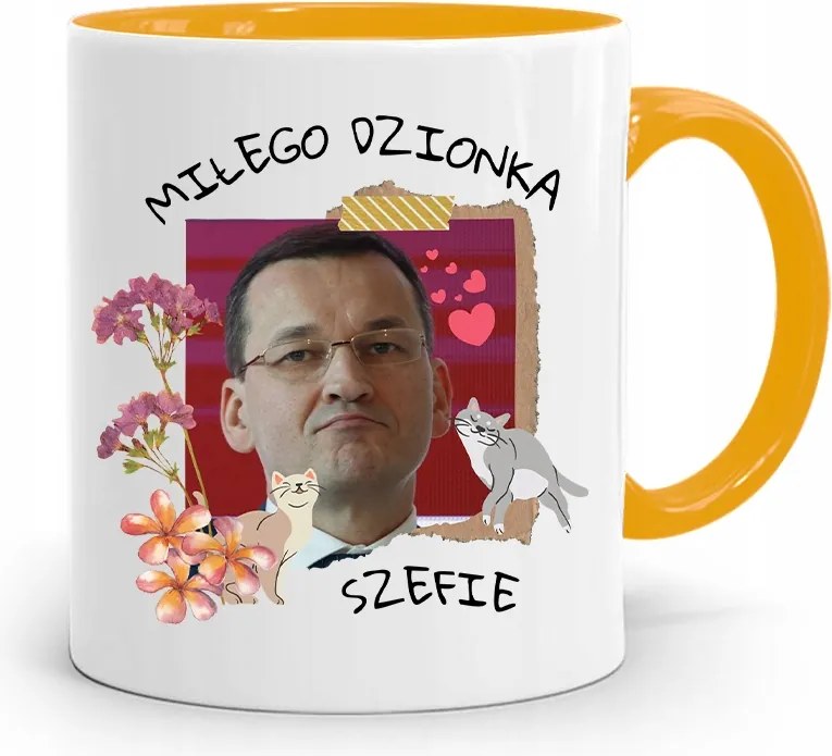 Sárga Politikus Bögre Mateusz Morawiecki Miniszterelnök fényképes nyomtatással