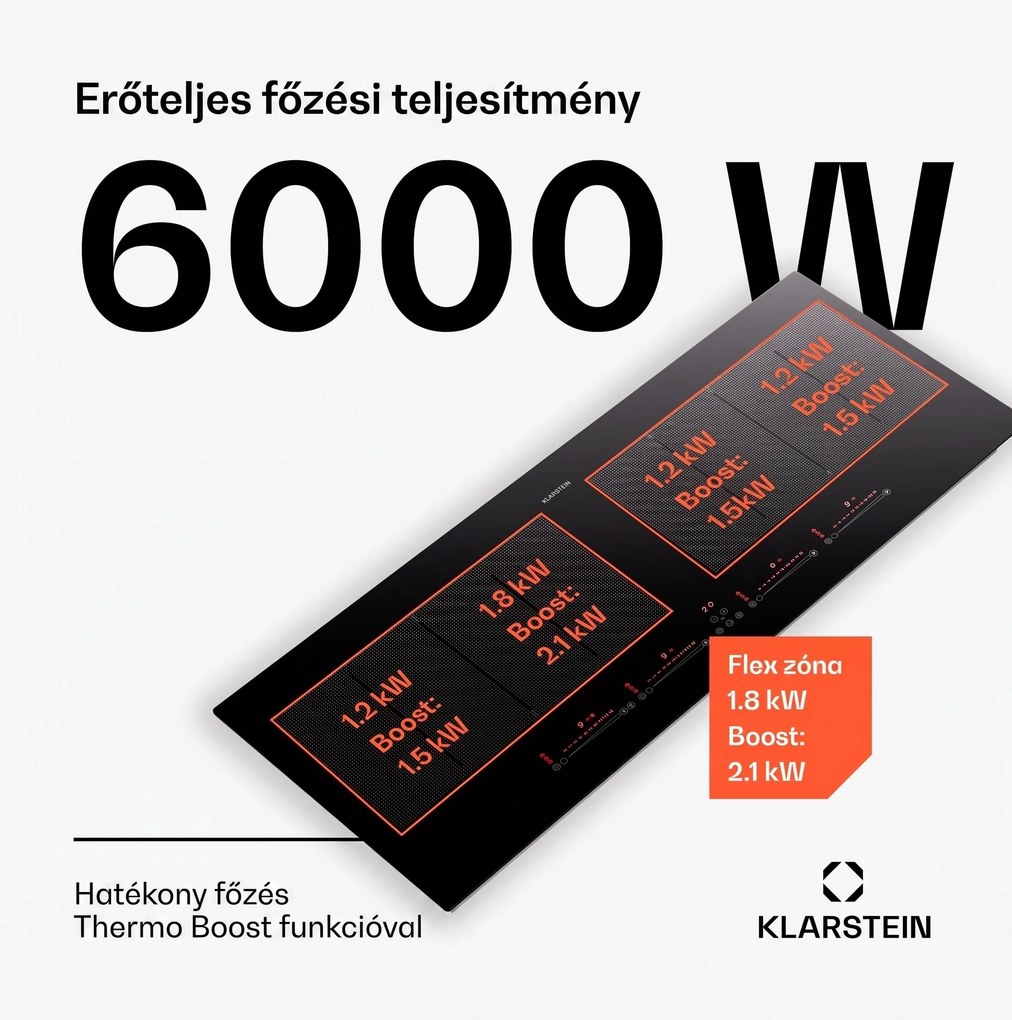 Klarstein Masterzone 90 Slim Flex, indukciós főzőlap, max. 7200 W, beépített, 4 zóna, 2 Flex zóna, ThermoBoost technológia, Smart Flex