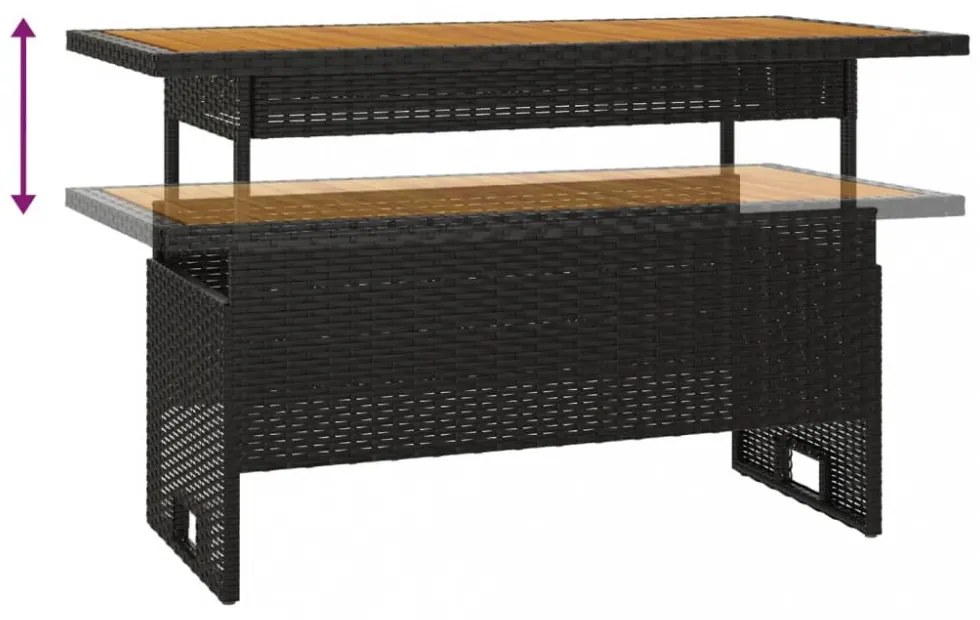 fekete tömör akácfa és polirattan kerti asztal 100x50x43/63 cm
