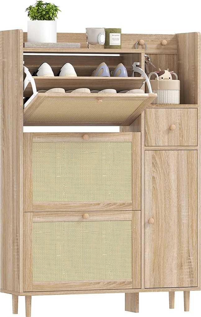 HOMCOM Cipőszekrény 3 Összecsukható Fiókkal Rattan Előlapokkal 12 Pár Cipőhöz Állítható Polcok Szűk Cipőszekrény Előszobába 80x23x120 cm Tölgy | Aosom