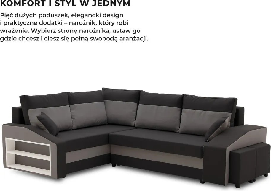 Grande sarokkanapé polcokkal és puffokkal , polc a bal karfaban puffok a jobb karfaban, baloldali, szövet anyag, bonell töltet, fekete - szürke