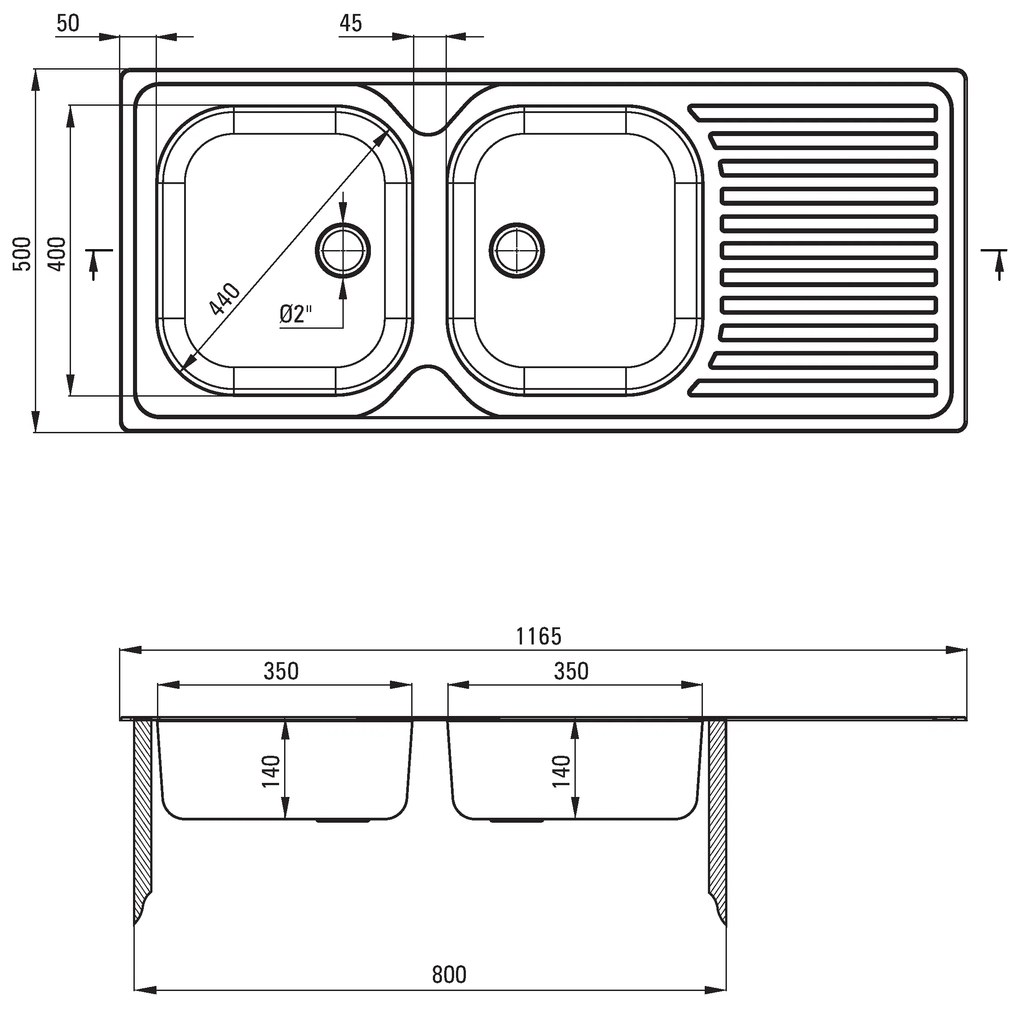 Deante Techno, rozsdamentes acél munkalap mosogató 2 kamrás Z/O 1165x500x140 2" + szifon, szatén mintás, ZEU_0210