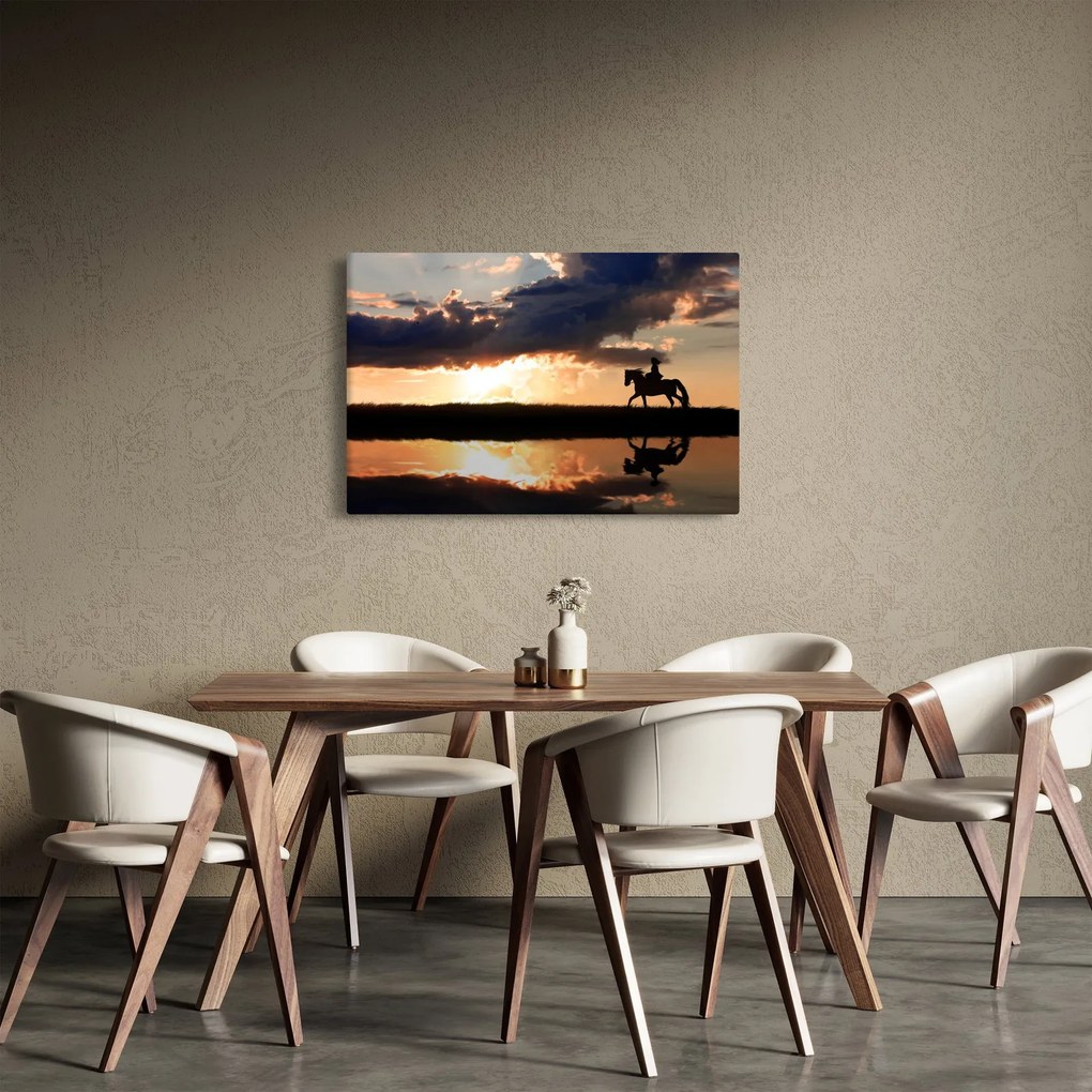 Kép - Lovas egy lovon naplementében (90x60 cm)