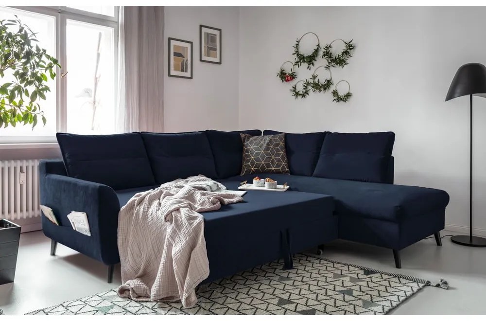 Stylish Stan L sötétkék kinyitható bársony sarokkanapé, jobb oldali - Miuform
