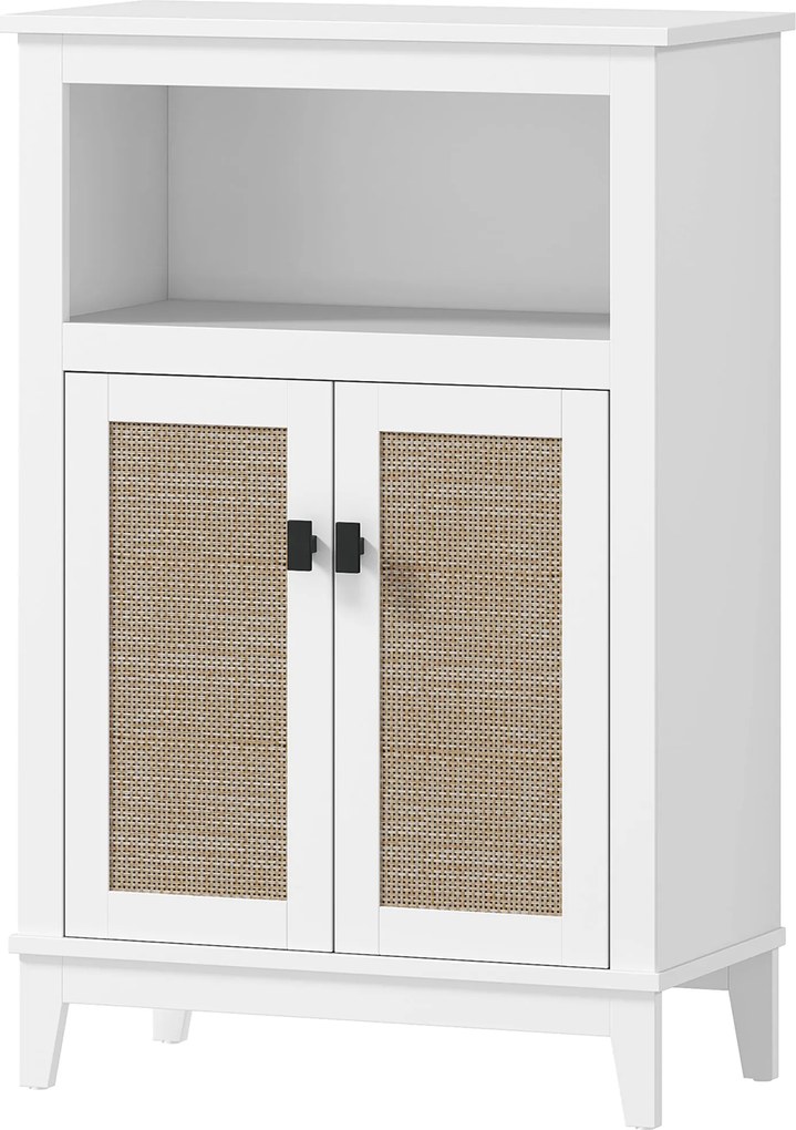 HOMCOM Fürdőszoba Tároló Szekrény 2 Ajtóval és Rattan Előlappal, Állítható Polccal és Nyitott Rekesszel 60x30x90 cm Fehér | Aosom