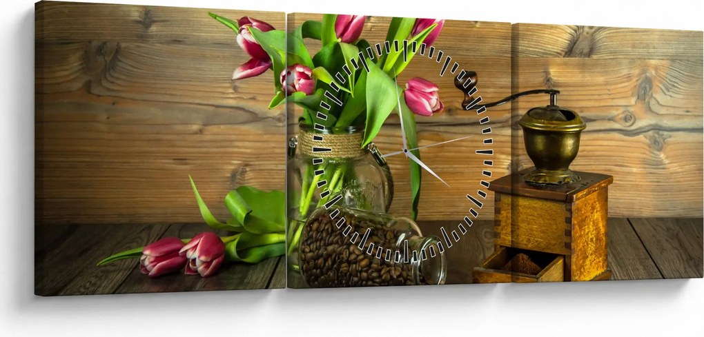 Tulipánok, daráló és kávé képe (órával) (90x30 cm)